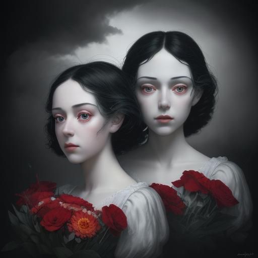 Woman with Red Flowers in Surrealist Style