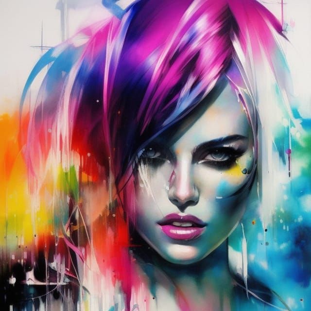 Cyberpunk Girl with Rainbow Mohawk in Neon City