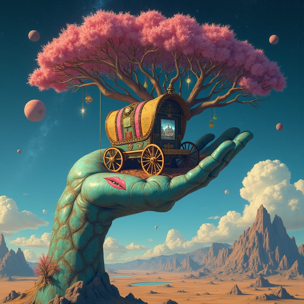 Surreal Hand in Space Holding Gypsy Wagon