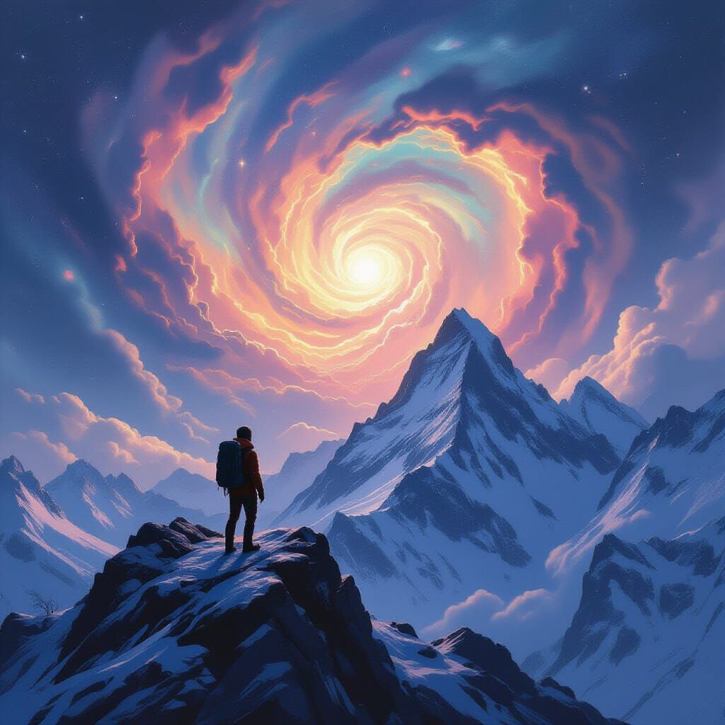 Alpinist Gazing at Nebula in Painterly Style