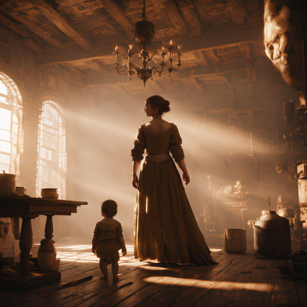 Dramatic Mother and Child Portrait in Warm Golden Light