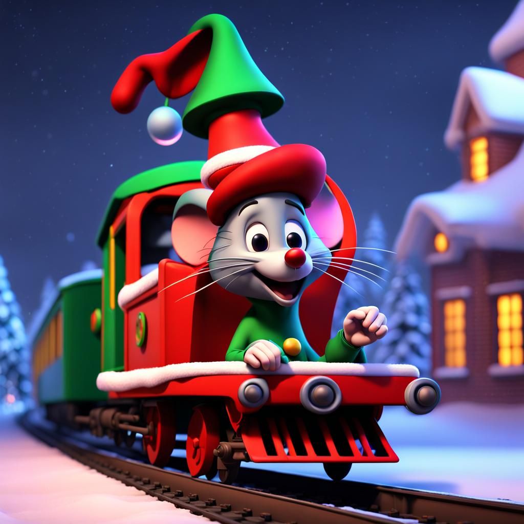 Mouse Engineer on Christmas Train: 3D Digital Art