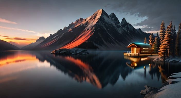 Futuristic Cabin by Mountain Lake at Orange Sunset
