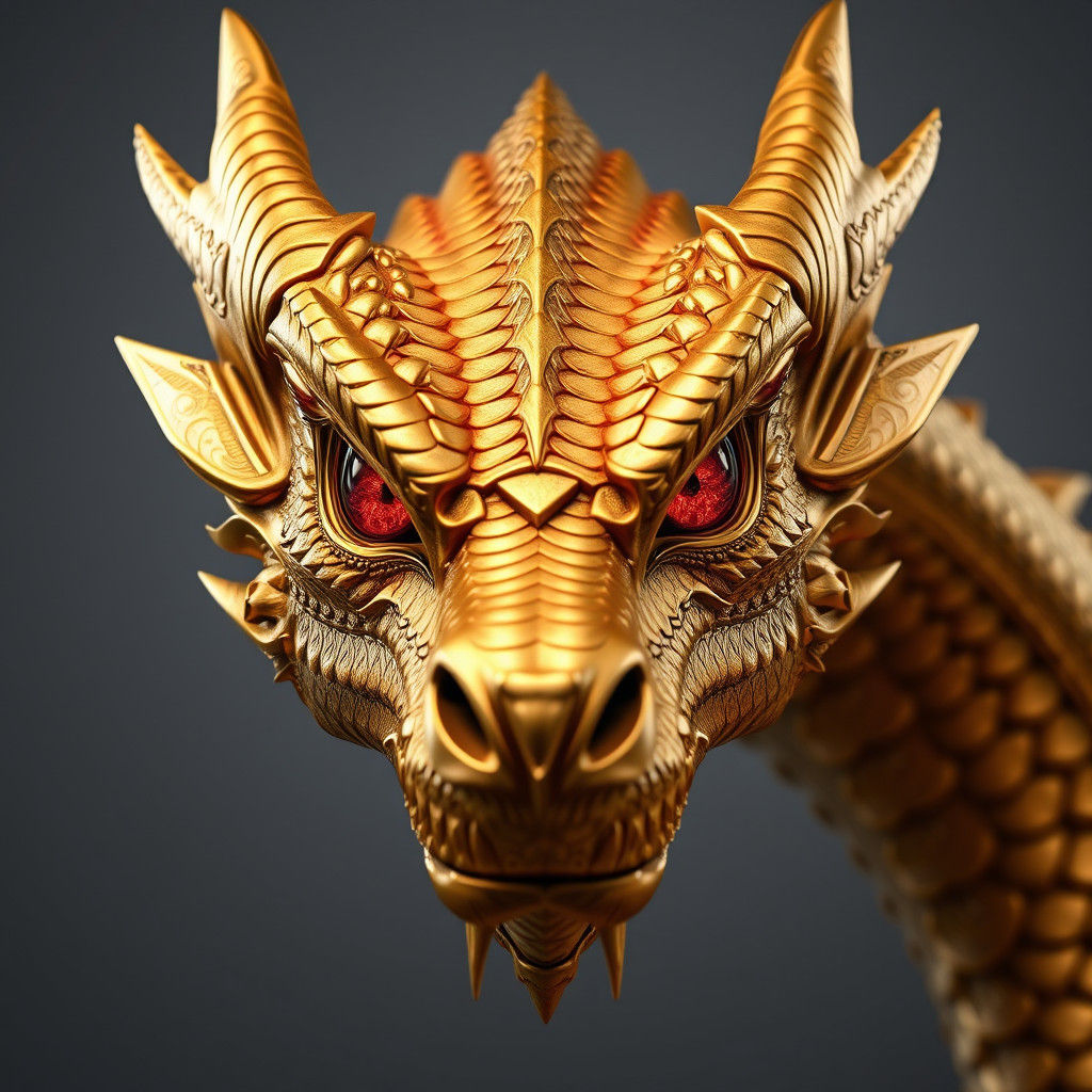 Golden Dragon Head with Ruby Eyes