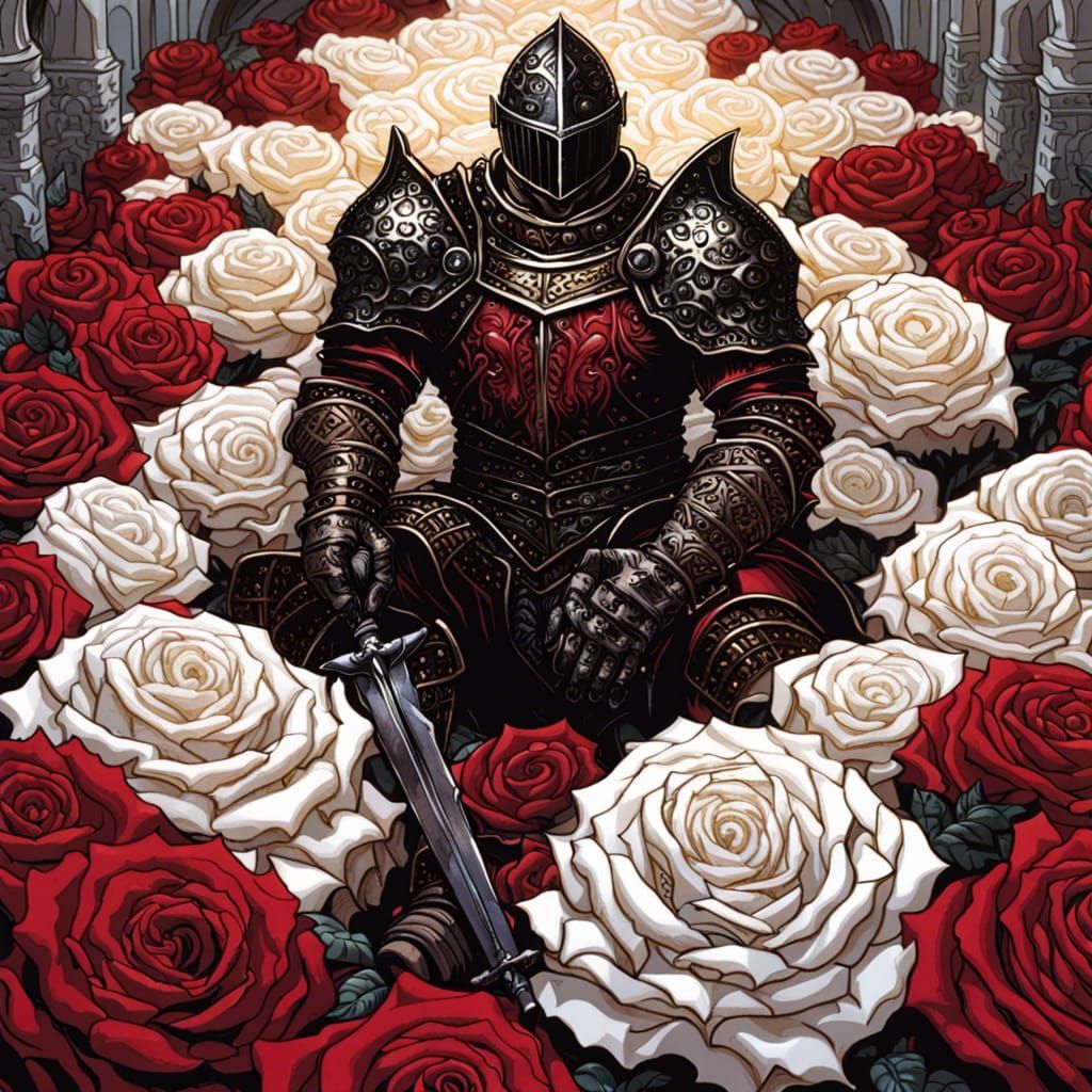 Grimdark Paladin in Crimson Armor and Roses