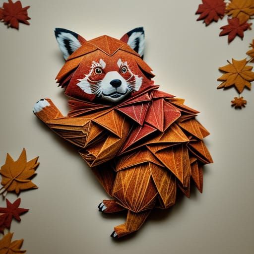 Origami Red Panda Playing in Autumn Leaves
