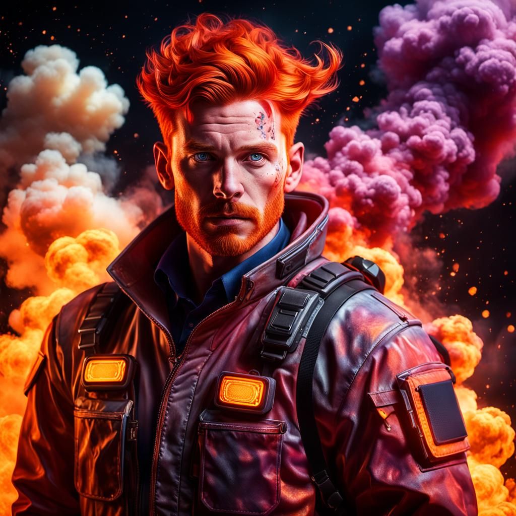 Dynamic Portrait of Red-Haired Firefighter in Nebula Night