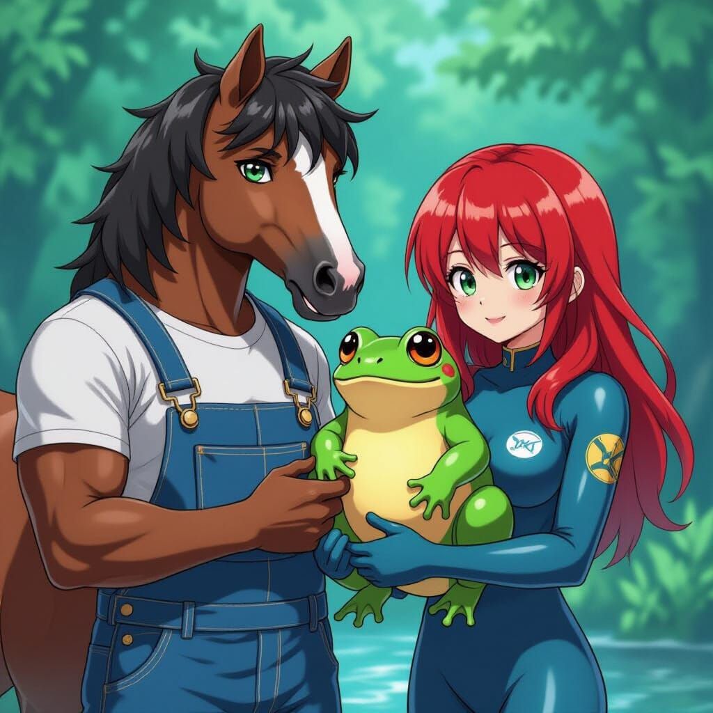 Horse-Headed Man and Diver Girl with Frogs in Anime Style