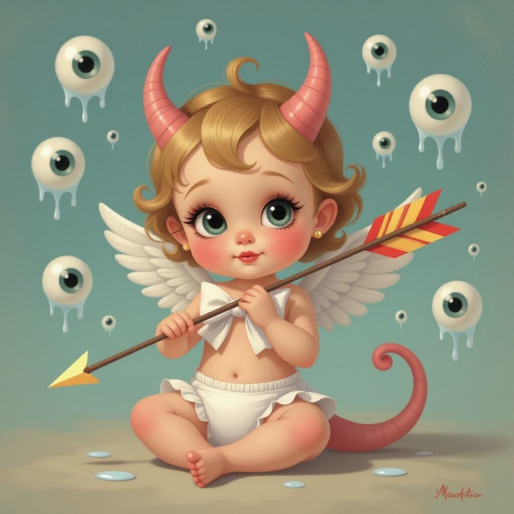 Big Eyes Pink Cupid with Flaming Arrow in Keane Style