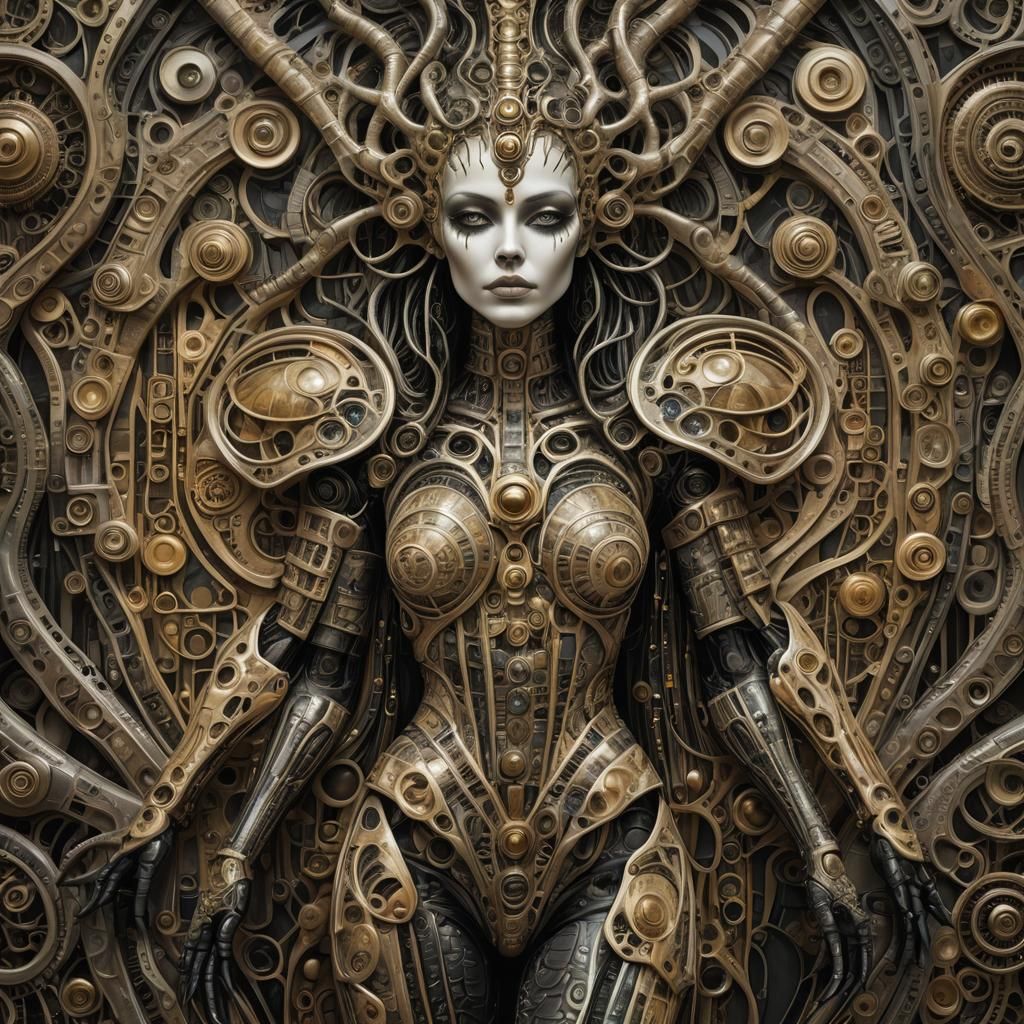 Giger-Inspired Warrior in Klimt Style, Candy Art