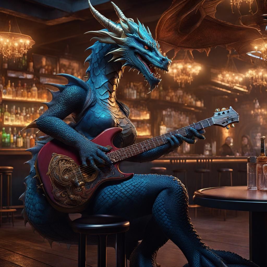 Dragon Girl Plays Guitar in a Fantasy Bar
