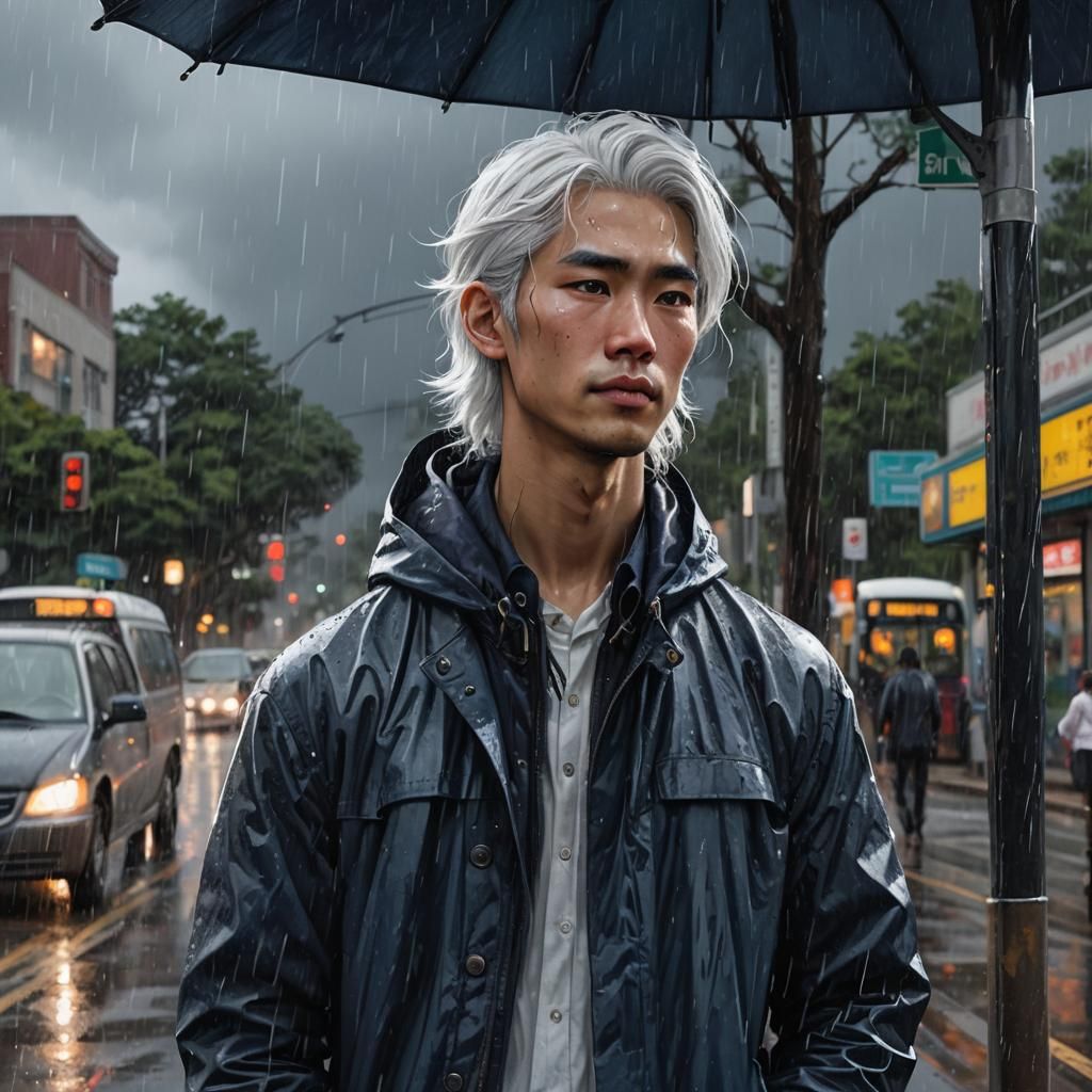 Rainy Bus Stop Encounter in Hyperrealistic Style