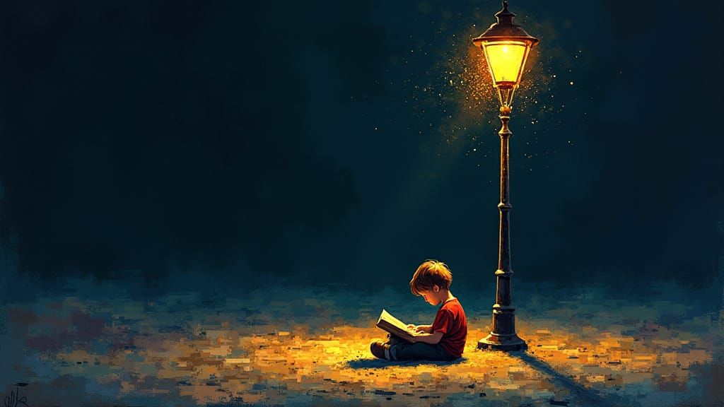 Warm Glow Illuminates Young Reader in Mosaic Style