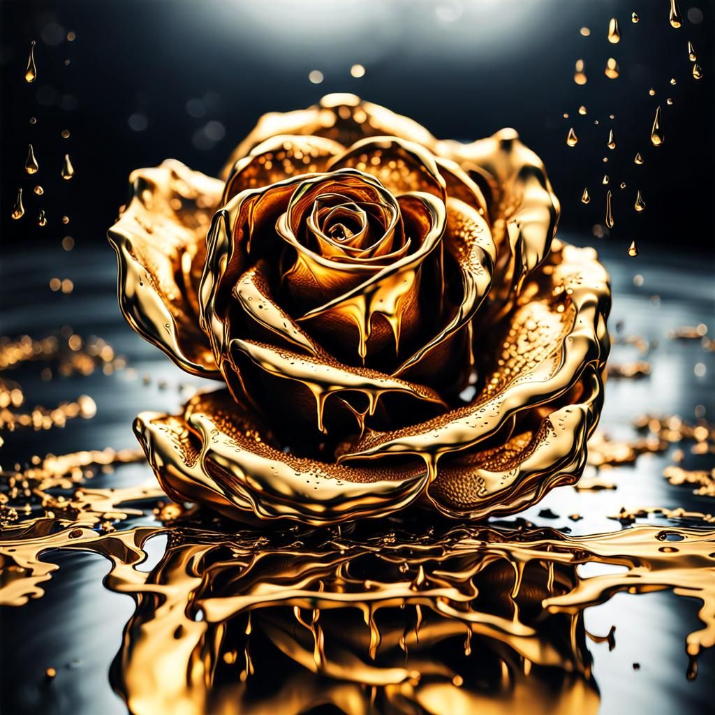 Melting Gold Rose in Dripping Chrome Style