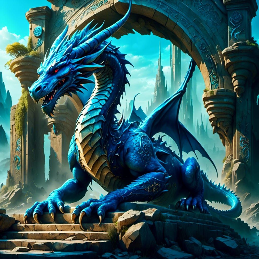 Dragon on Archway with Glowing Runes in Digital Art