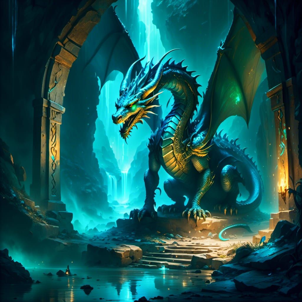 Dragon on Runestone Archway in Fantasy Art Style