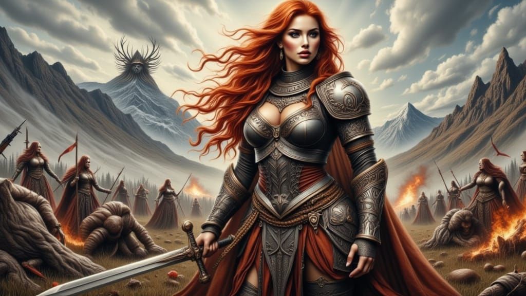 Curvy Valkyrie Warrior on Battlefield in Ethereal Style