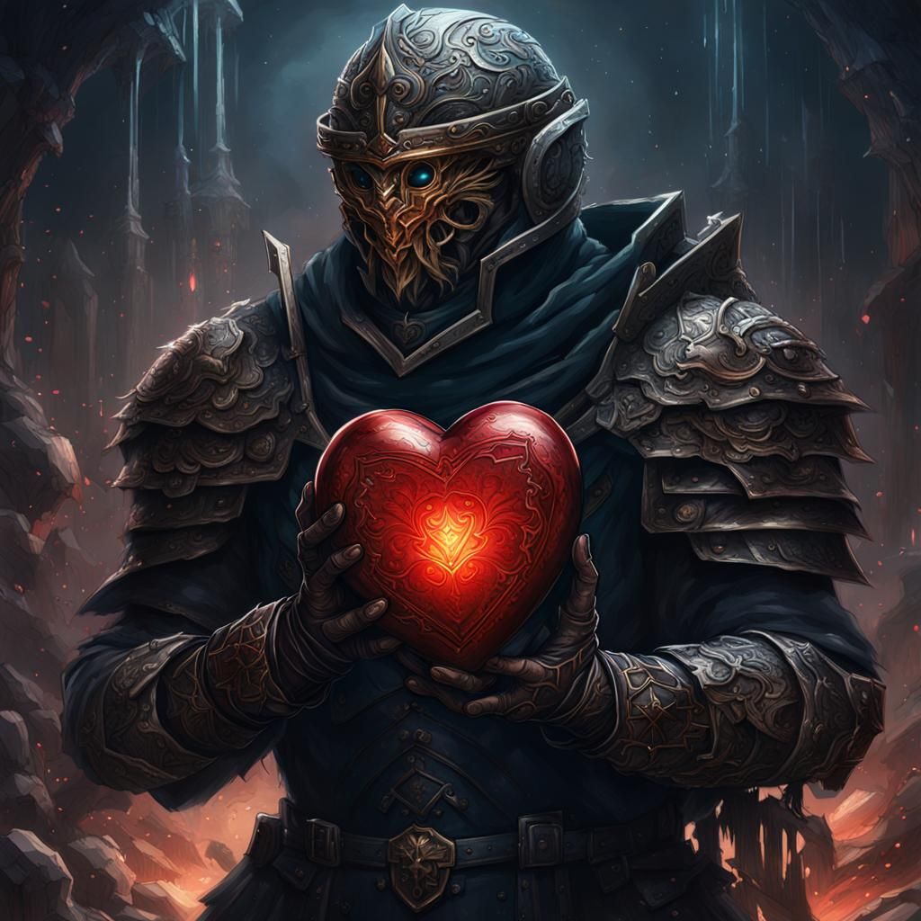 Dark Knight Holding Heart in Dark Fantasy Style