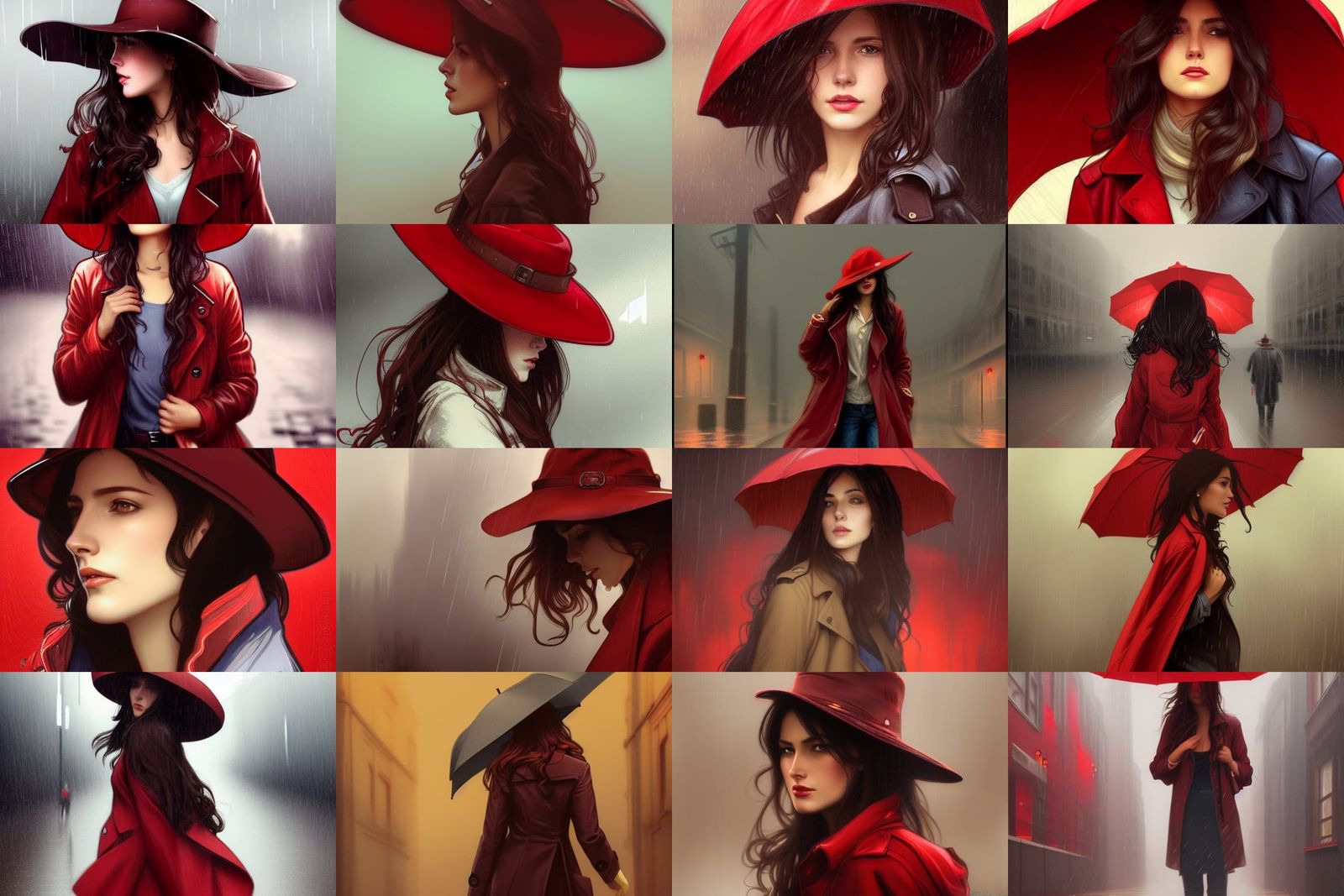 Woman in Red Coat Walking in Rainy Street