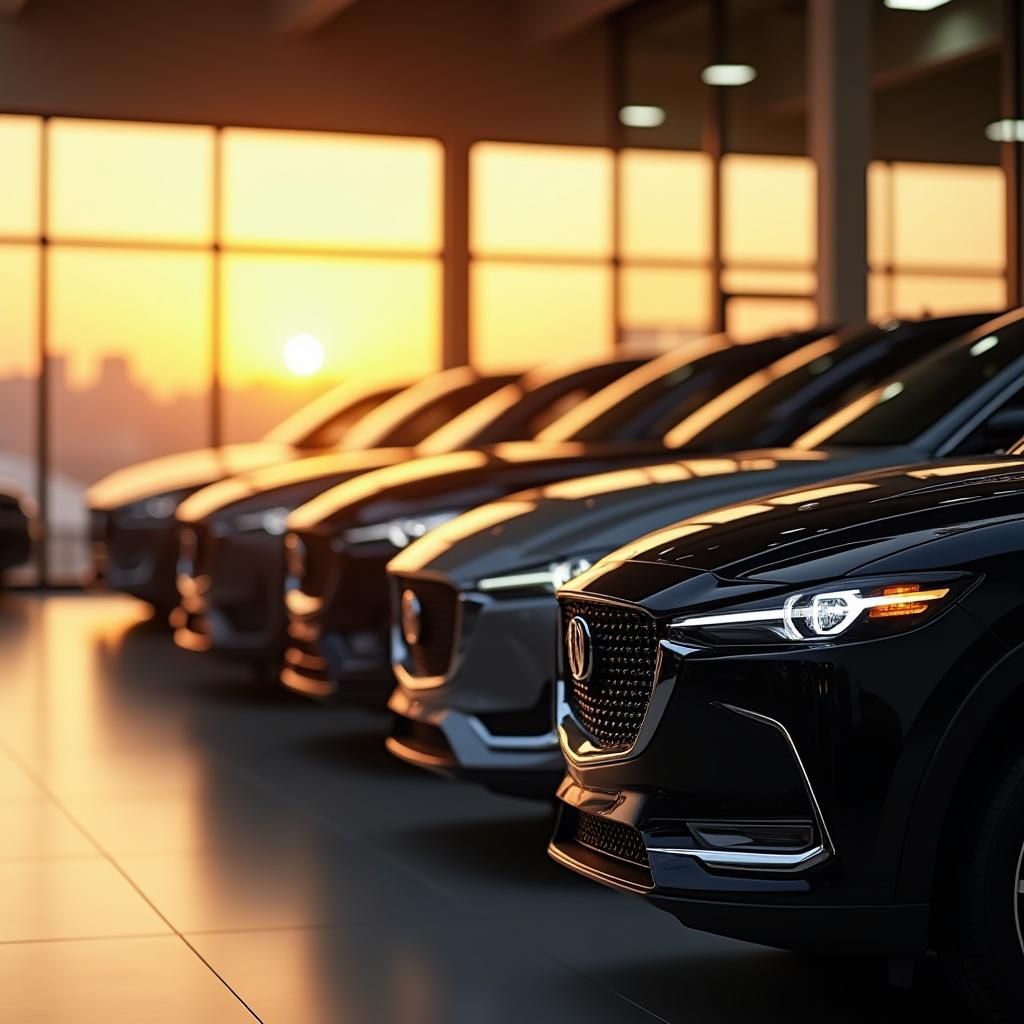 Luxury Cars Displayed in Dealership with Sunset Lighting