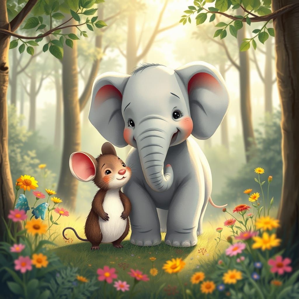 Mouse and Elephant Friends in Sunny Forest