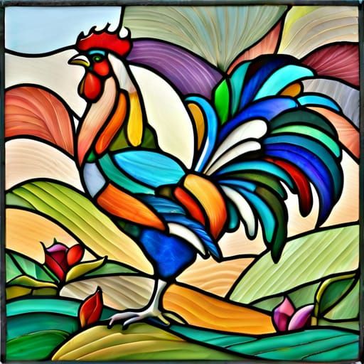 rooster stained glass full size colorful feathers medium siz...
