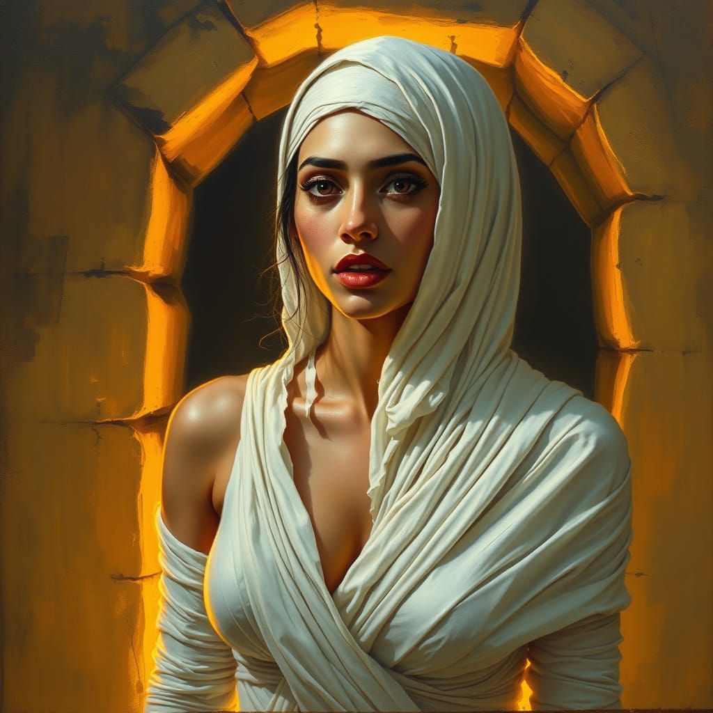 Bandaged Woman Emerges from Tomb, Oil Painting