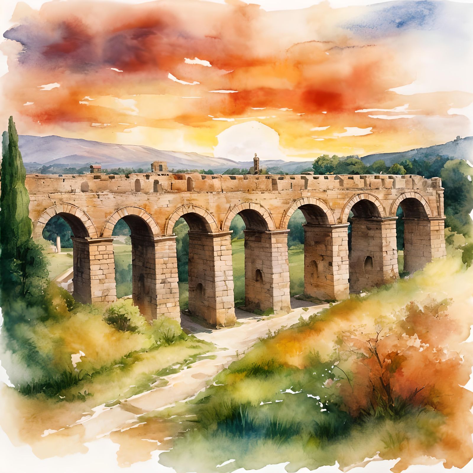 Watercolor Sunset Over Ancient Roman Aqueduct