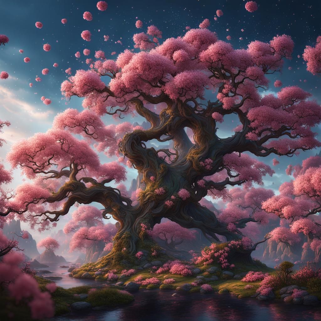 Detailed Blossoms Matte Painting in Deep Color