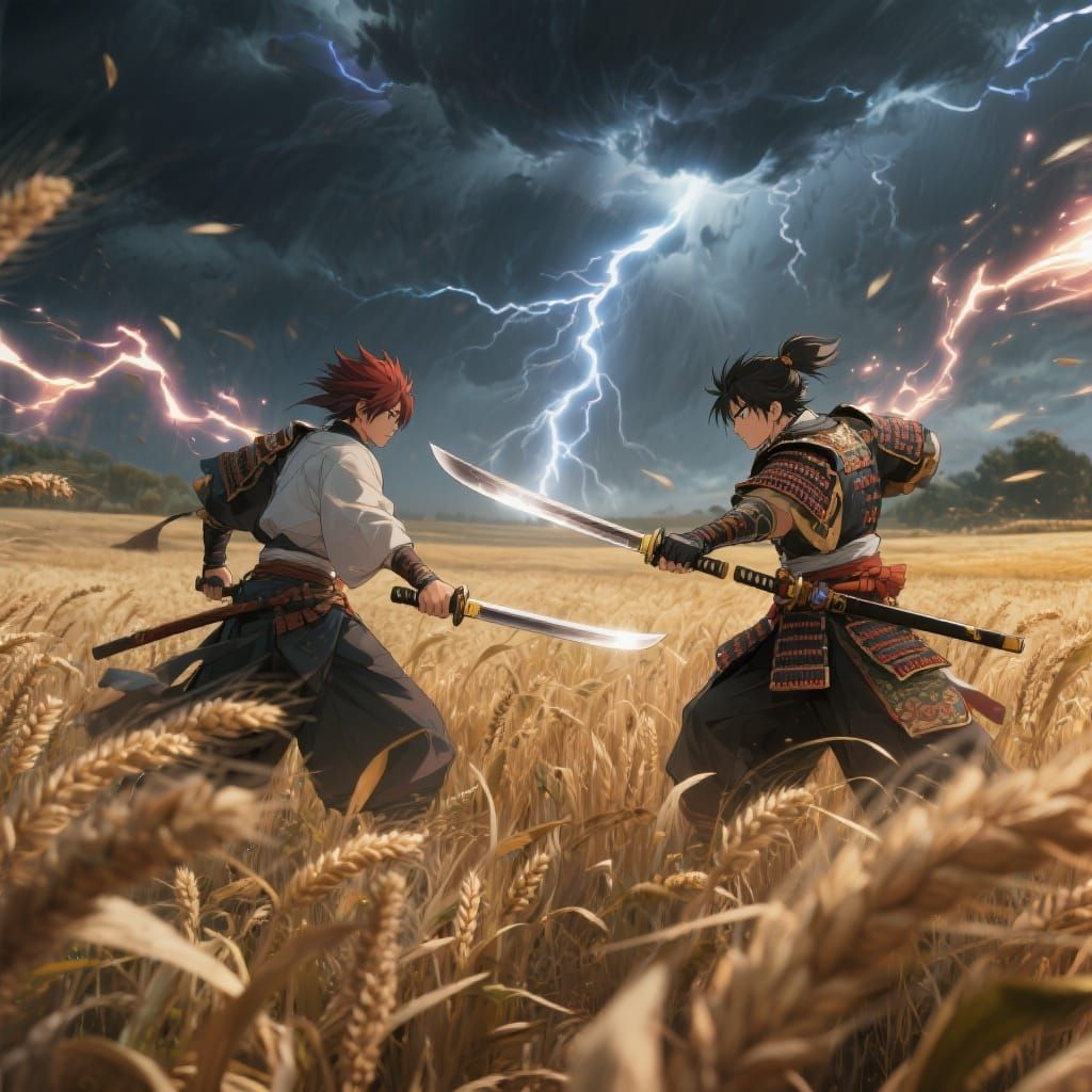 Samurai Duel in a Wheat Field, Anime-Inspired 3D Art