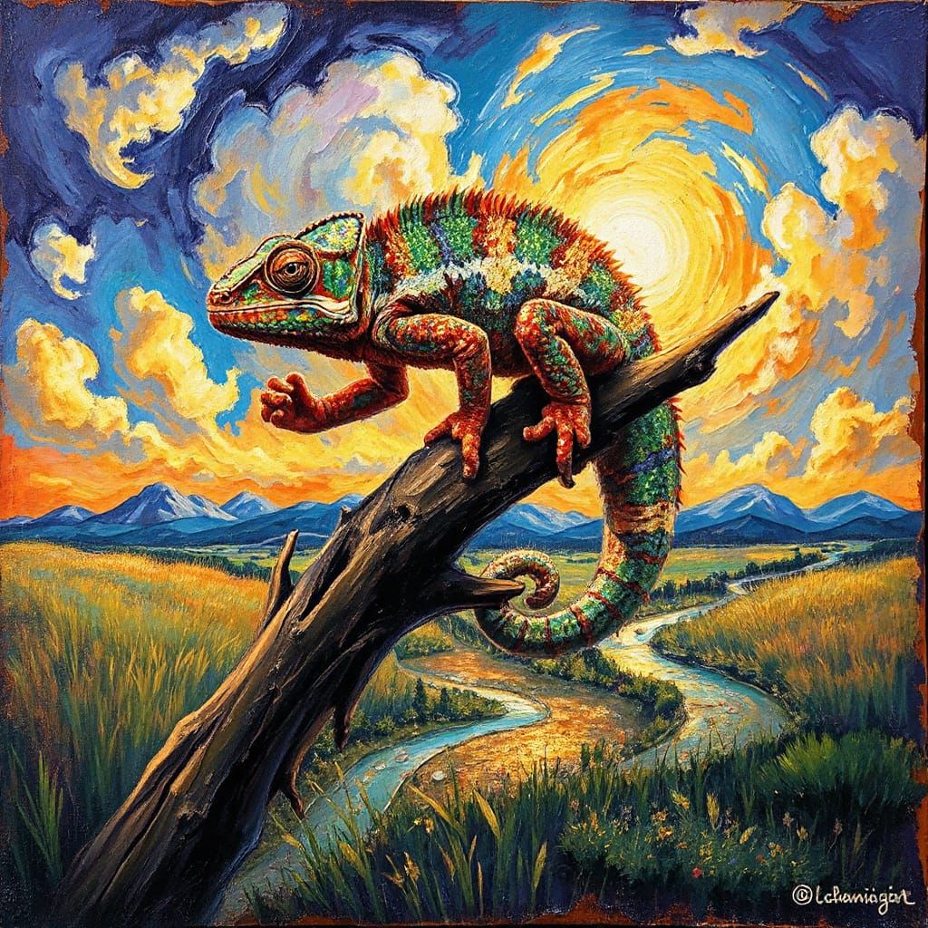 Vibrant Chameleon Unleashes Rainbow World with Joyful Brushs...