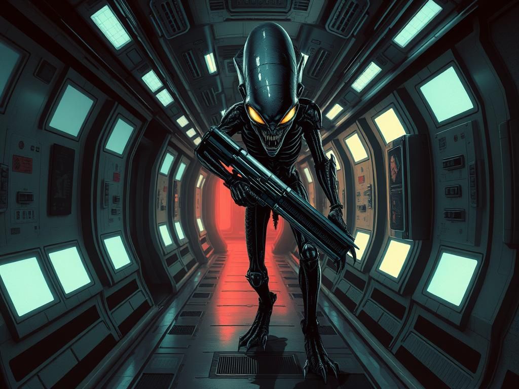 Menacing Alien Stalks Spaceship Corridor in Biomechanical St...