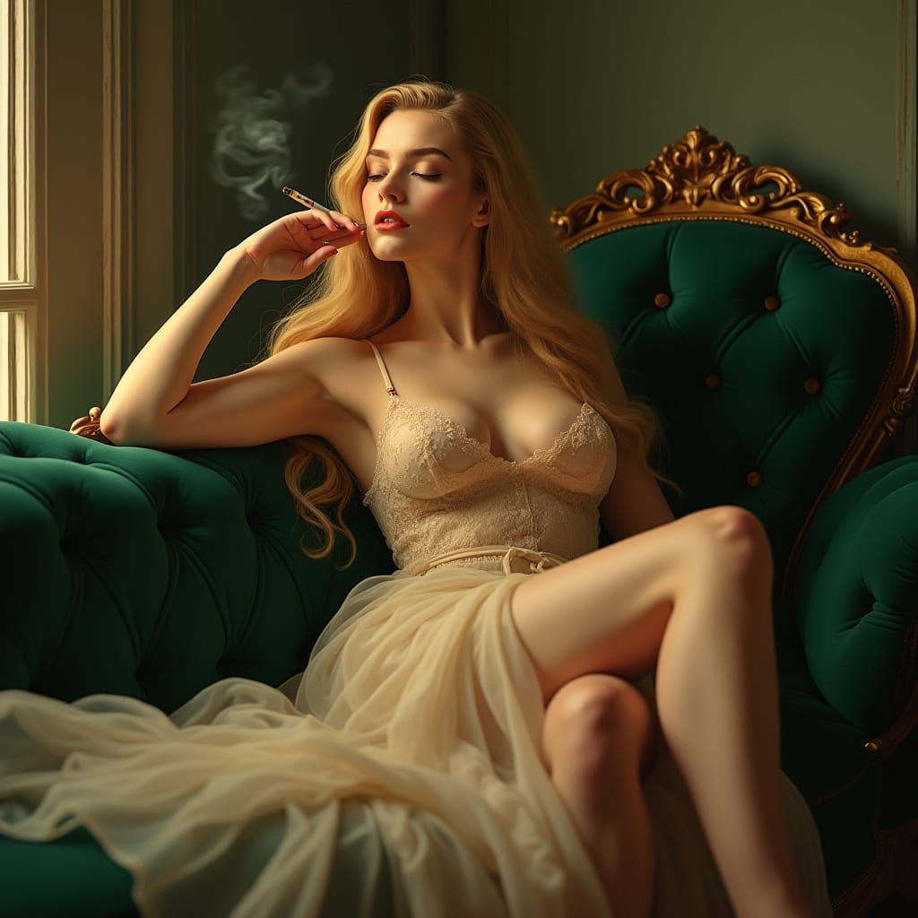 Elegant Lady in Velvet, Golden Hair, and Soft Smile