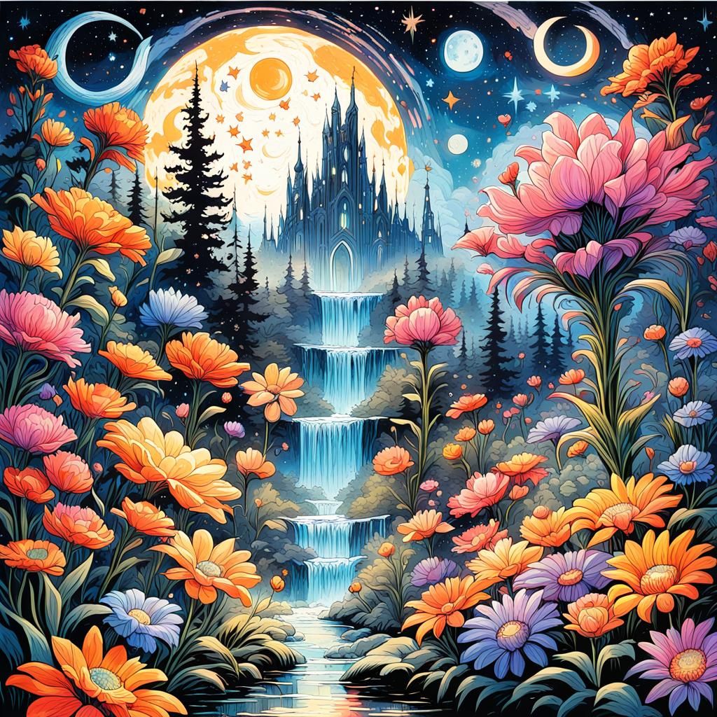 High Gothic Cosmic Garden in Gouache Style