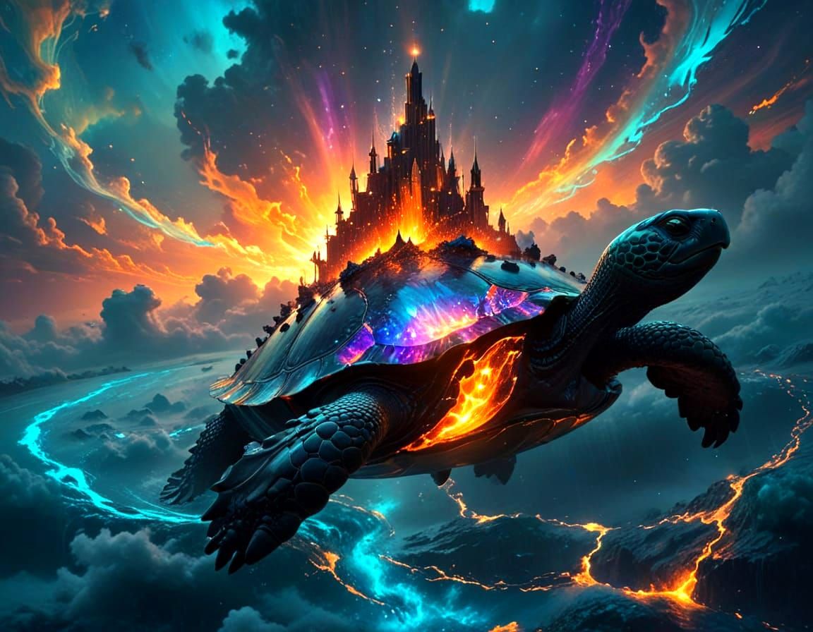 Surreal Cityscape with Iridescent Glow and Swirling Shadows