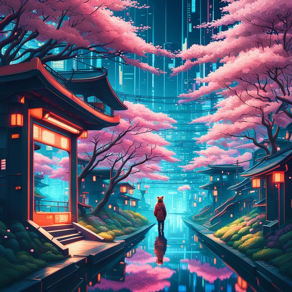 Cyberpunk Red Panda in Sakura Forest Anime