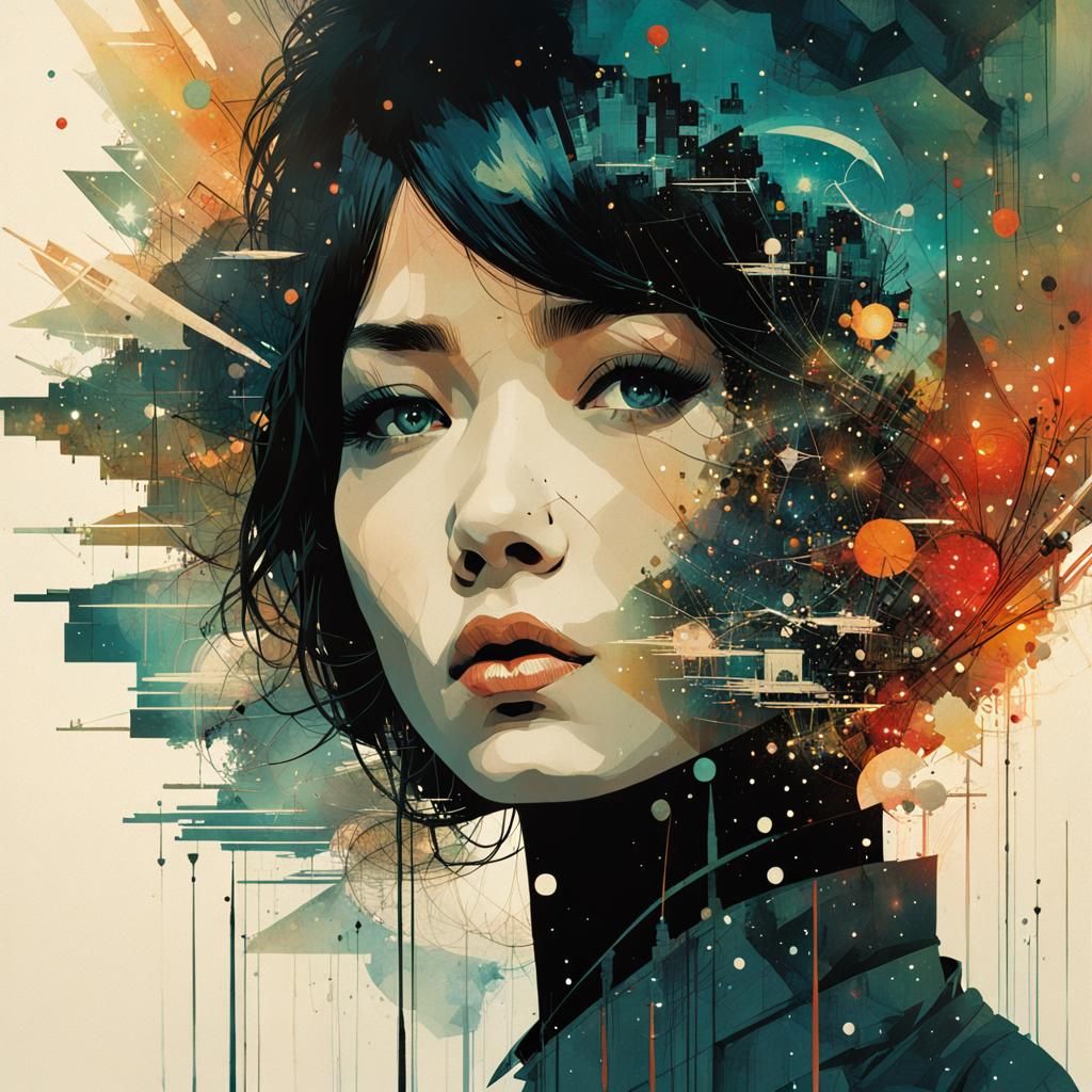 Galaxy Explosion Inside Girl's Head Silhouette