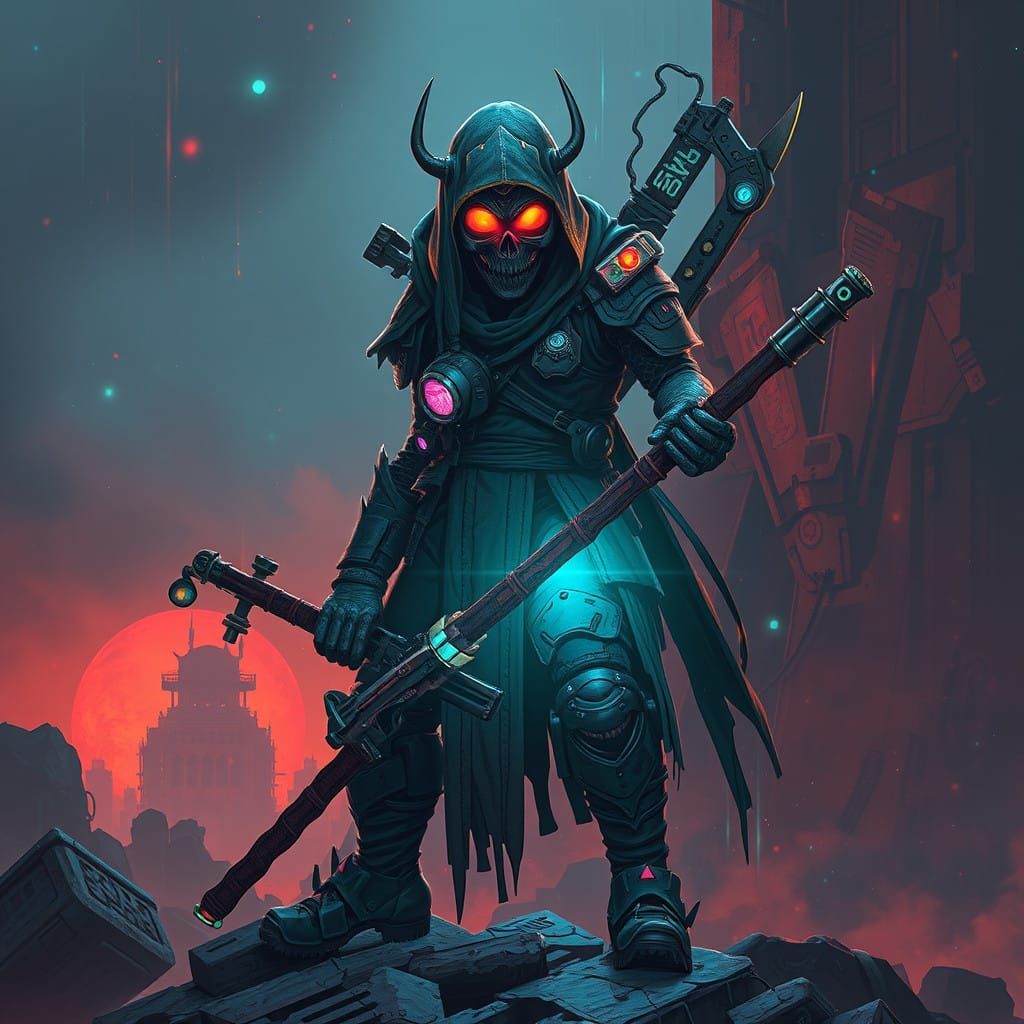 Biopunk Glitchcore Warrior in Futuristic Armor