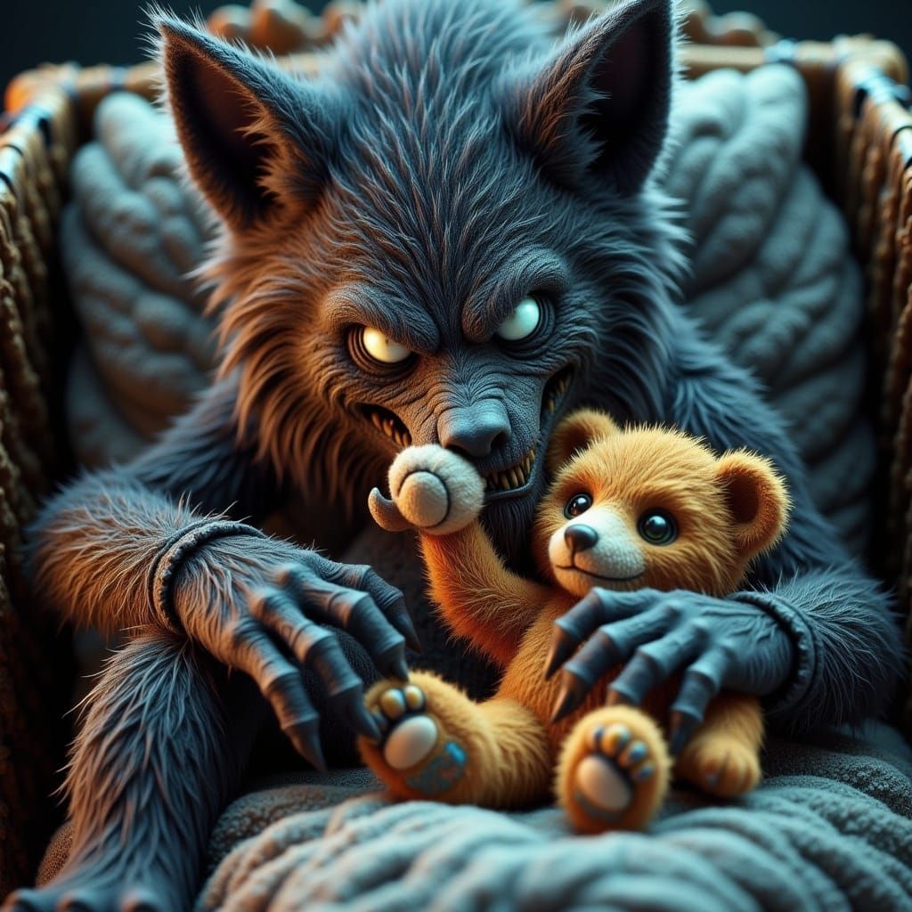 Cute Werewolf Monster Sleeping in Cradle, Digital Painting