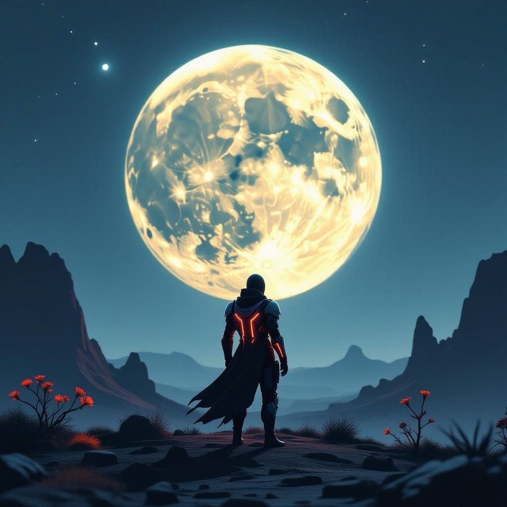 Futuristic Figure Silhouetted Under Alien Moon