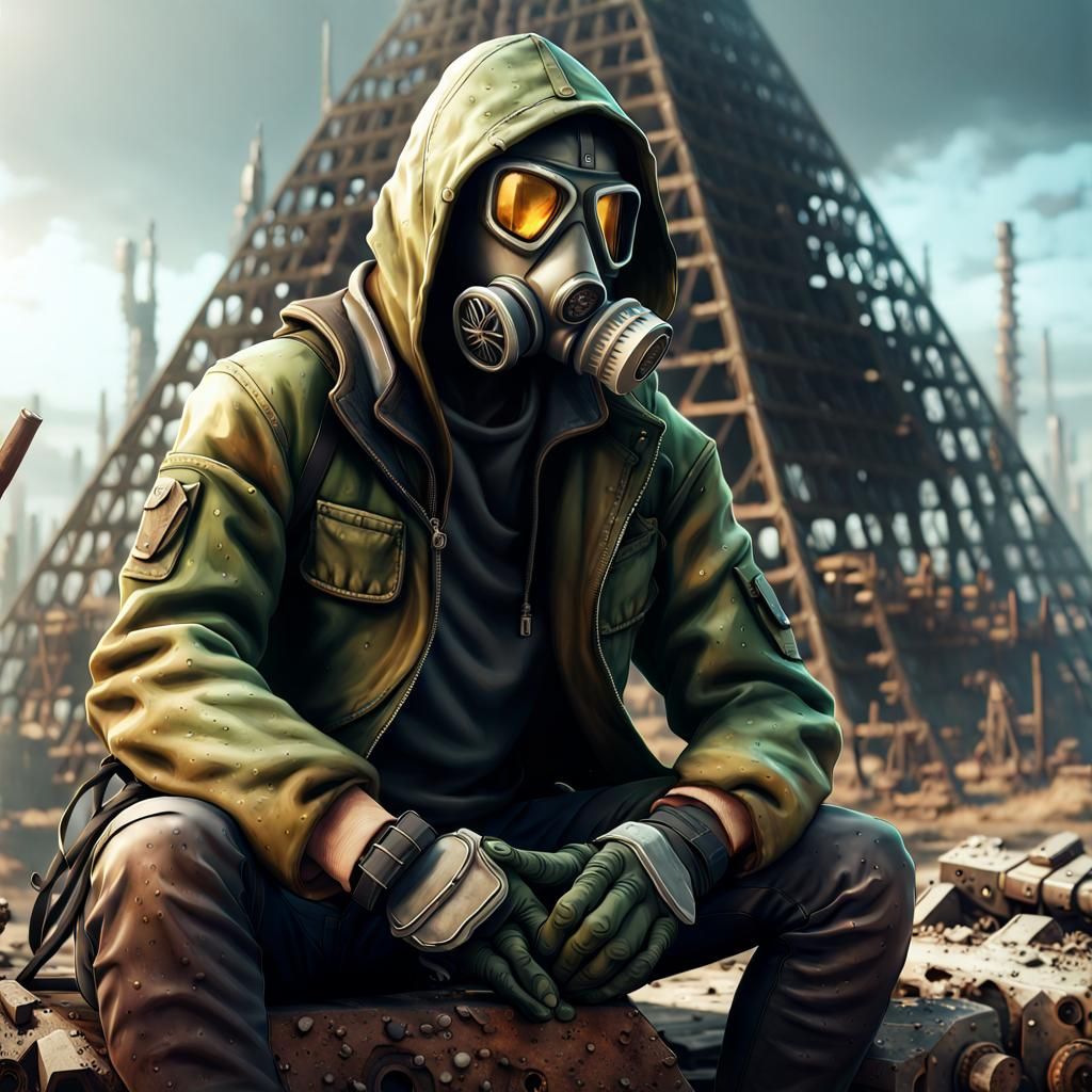 Post-Apocalyptic Soldier in Front of Steel Pyramid