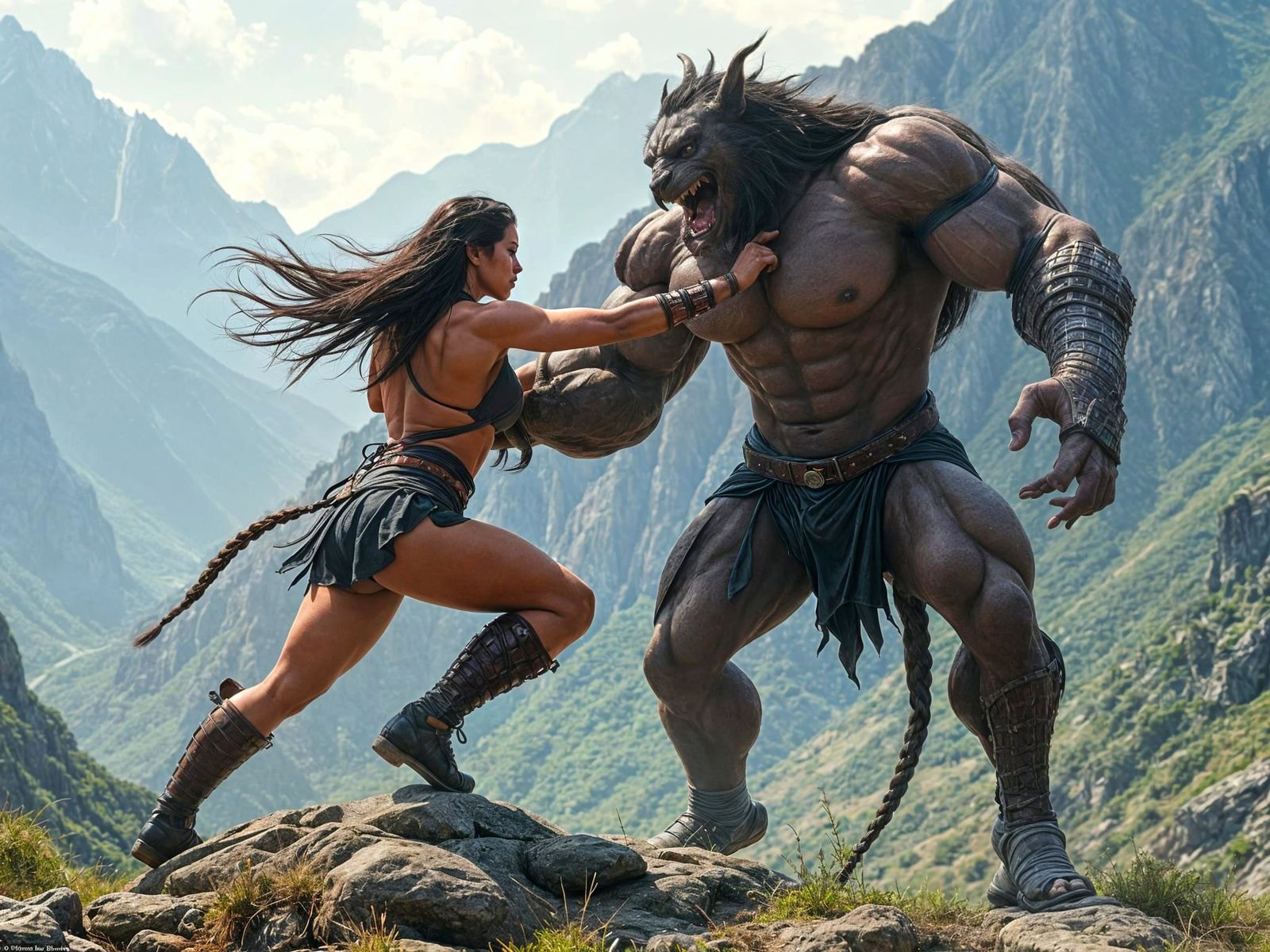 Amazonian Woman Wrestles Gargoyle on Mountain Hill