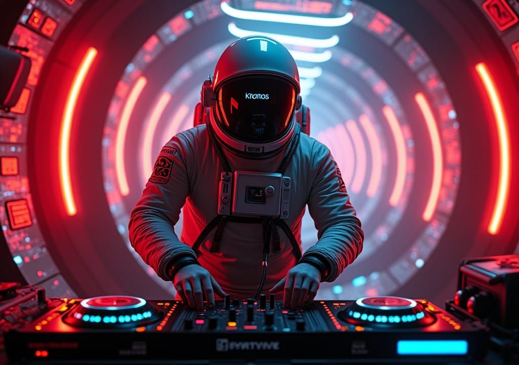 Astronaut DJ in Neon Cyberpunk Dystopia