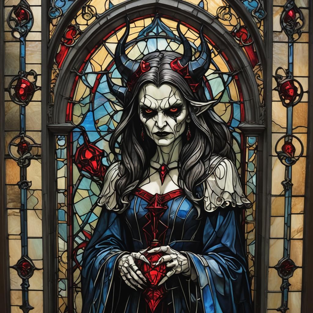 Sinister Devil Witch in Gothic Stained Glass