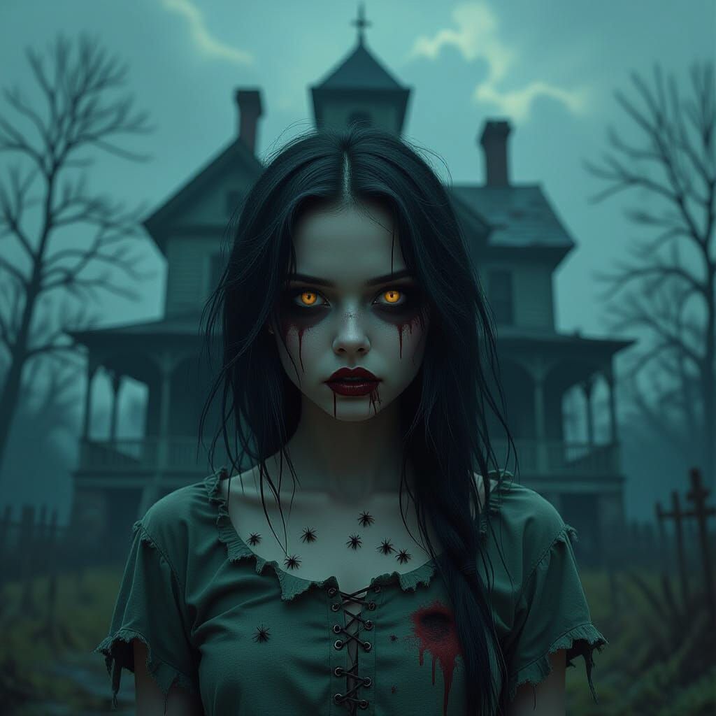 Spectral Girl With Black Eyes and Haunted House