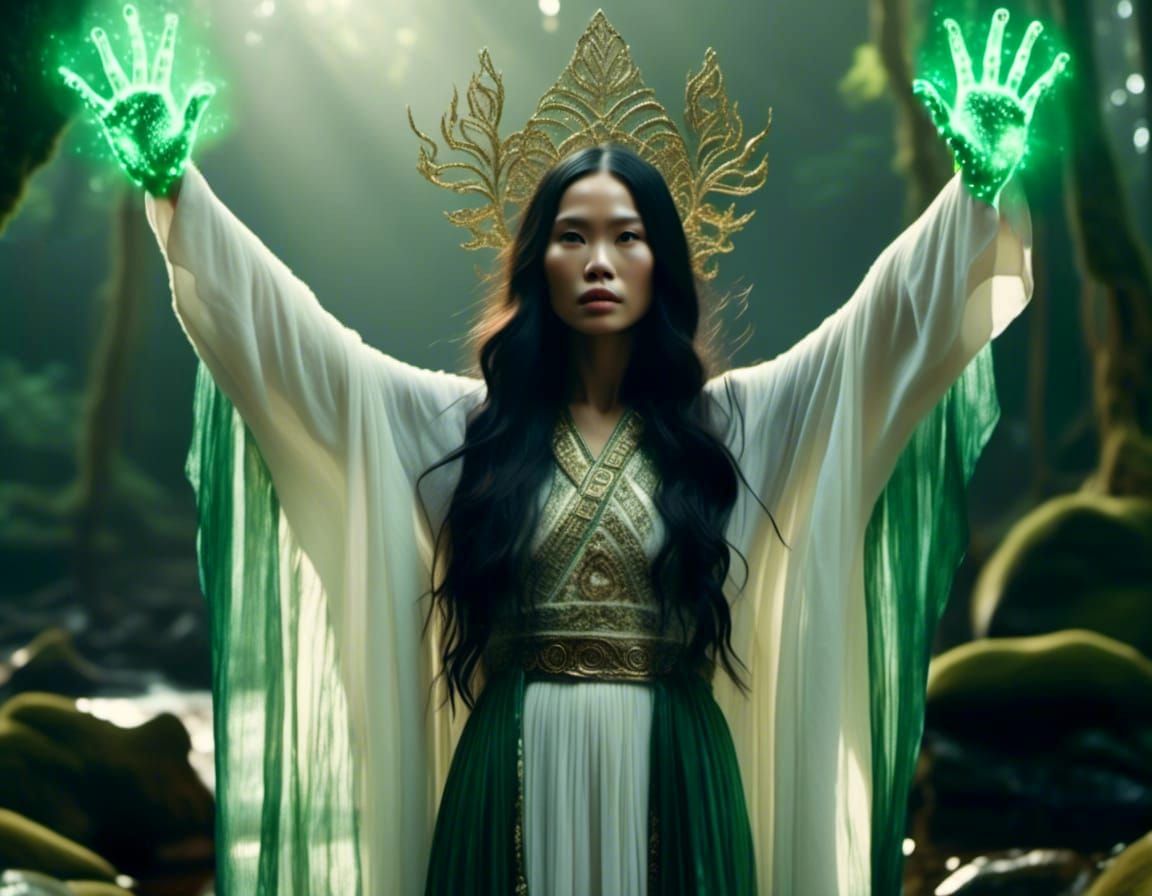Glowing Magical Energy Surrounds Priestess's Hands