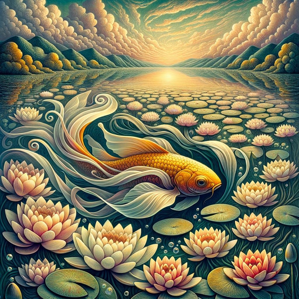 Dreamlike Golden Fish in a Lily-Laden Pond Landscape