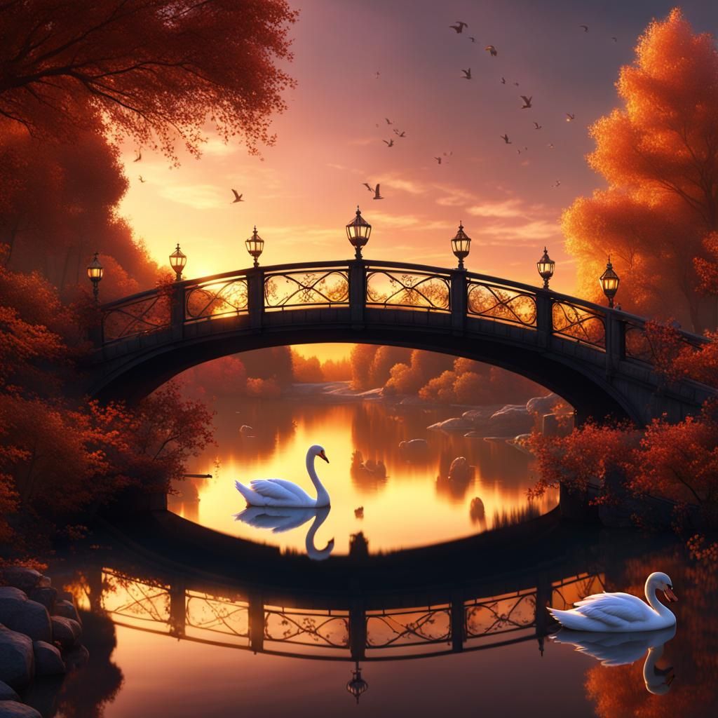 Autumn Sunset Lake with Swans and Bridge