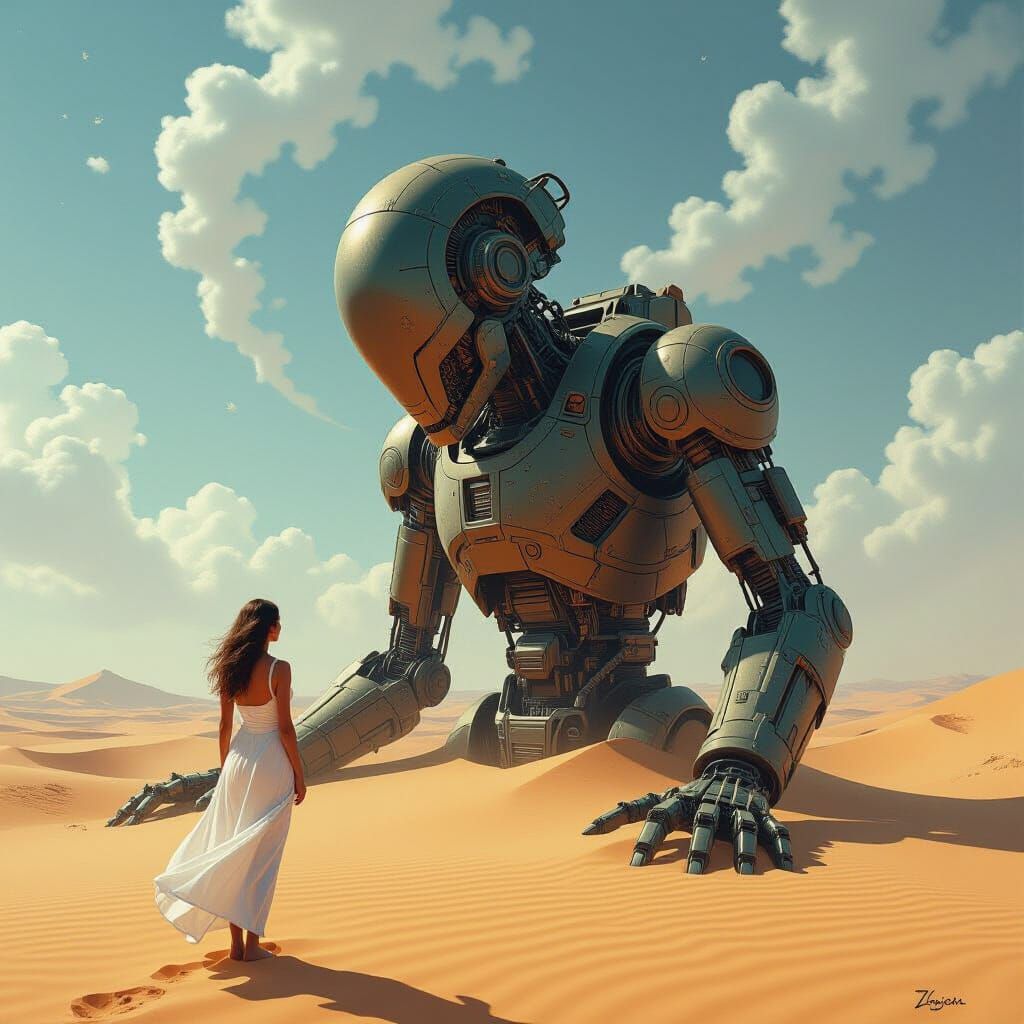 Ancient Desert Automaton and Woman in Ethereal Landscape