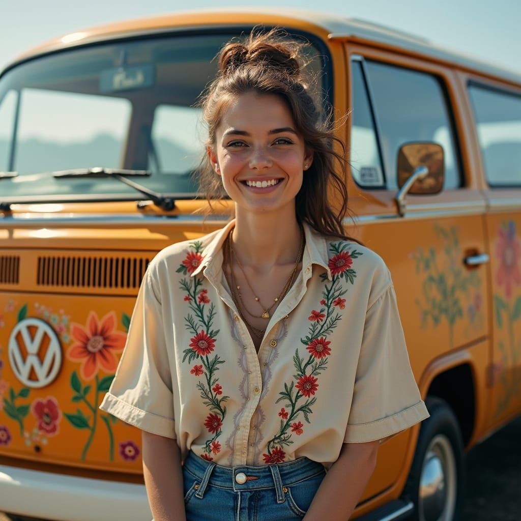 Happy Hippie Woman with VW Bus
